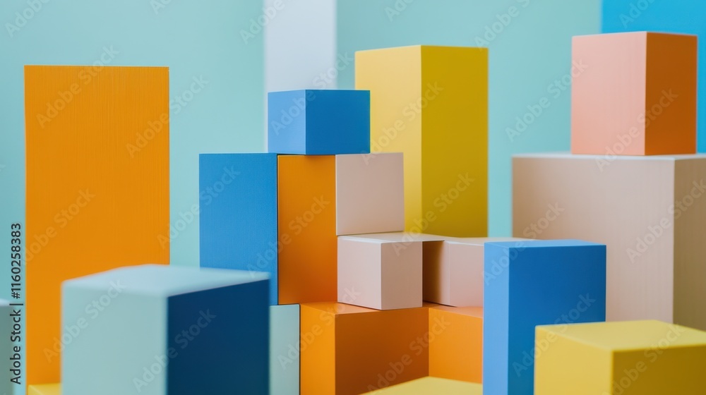 Aufkleber an abstract arrangement of building blocks in a minimalist art gallery, blocks forming geometric scu