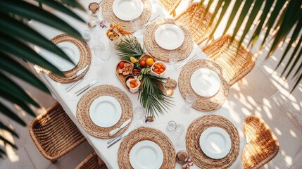 Elegant summer dining setup with white table, palm leaves, and fresh fruits creating a tropical atmosphere. Perfect for seasonal gatherings.