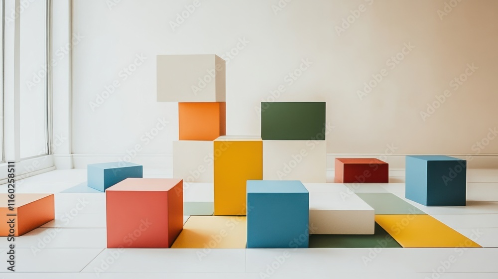 Aufkleber an abstract arrangement of building blocks in a minimalist art gallery, blocks forming intricate pat