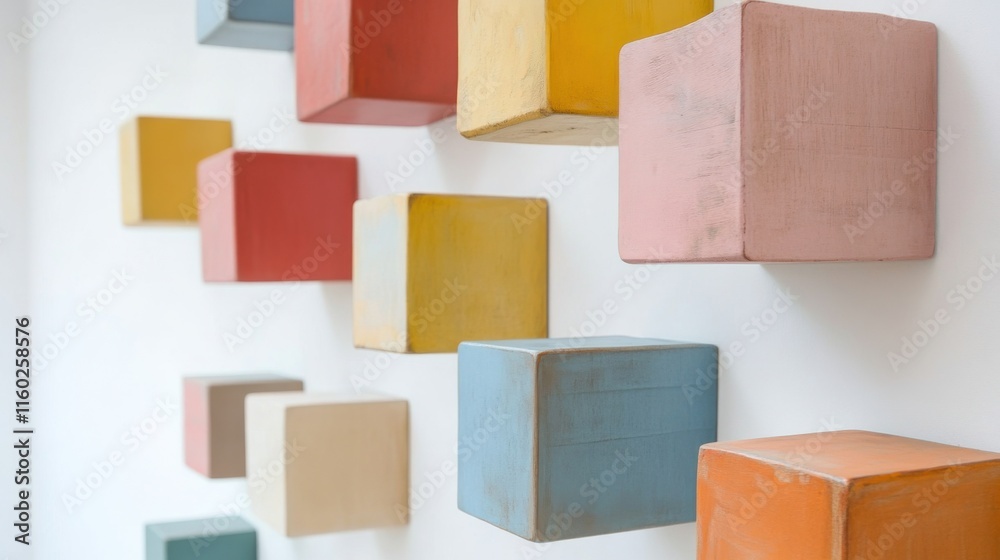 Poster An abstract arrangement of building blocks in a minimalist art gallery, Blocks forming intricate patterns, Contemporary abstract style