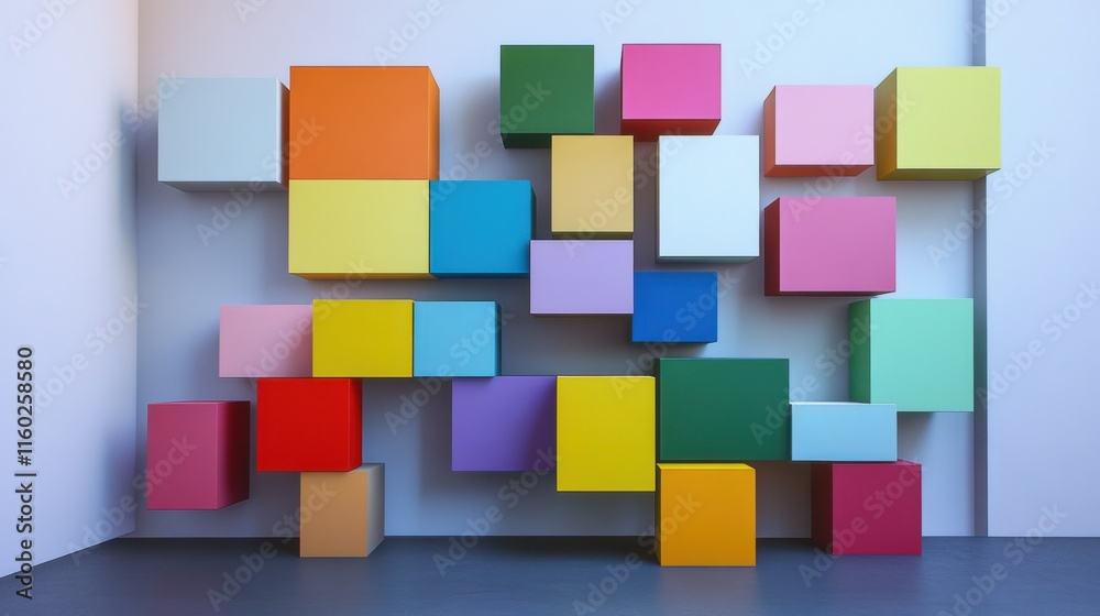 Poster An abstract arrangement of building blocks in a minimalist art gallery, Blocks forming intricate patterns, Contemporary abstract style