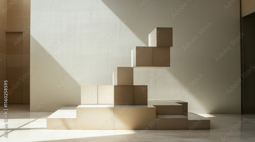 Poster An abstract arrangement of building blocks in a minimalist art gallery, Blocks forming intricate patterns, Contemporary abstract style