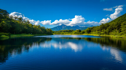 Stunning Mountain Lake with Forests and Blue Sky in Summer : Generative AI