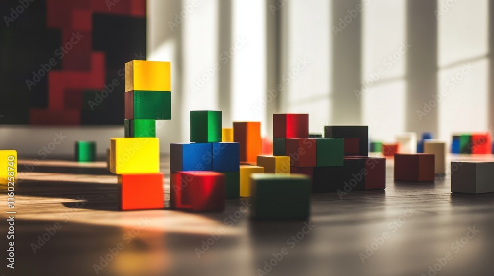 Poster An abstract arrangement of building blocks in a minimalist art studio, Blocks arranged in geometric patterns, Modern minimalist style