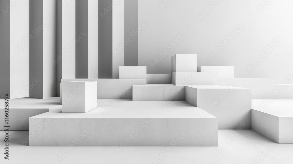 Poster an abstract arrangement of building blocks in a minimalist art studio, blocks forming geometric scul