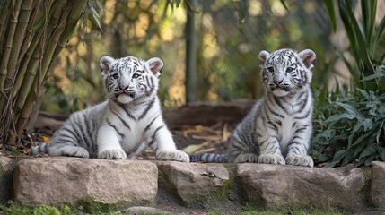 White tiger and snow leopard cubs resting peacefully in a garden setting showcasing their unique features and playful nature.