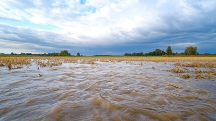 Rippling water reflecting stormy skies over a wheat field flooded by heavy rainfall showcasing nature's power and beauty