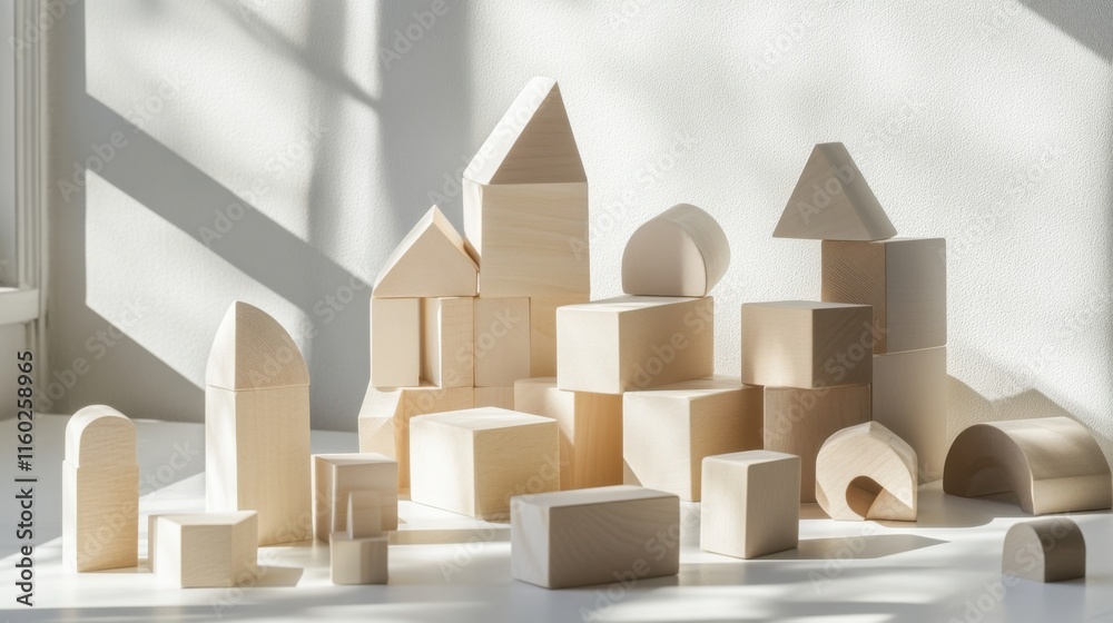 Poster An abstract arrangement of building blocks in a minimalist art studio, Blocks forming intricate geometric patterns, Contemporary abstract style