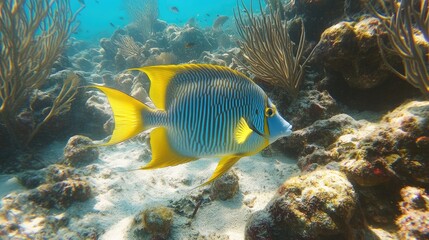 Fototapeta premium Coral reef ecosystem with vibrant fish swimming in clear Caribbean waters showcasing marine biodiversity and underwater beauty.