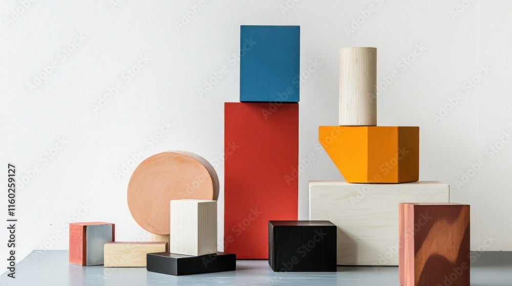 Poster An abstract arrangement of building blocks in a minimalist art studio, Blocks forming intricate geometric patterns, Contemporary abstract style