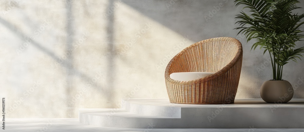Poster wicker chair in minimalistic interior setting with natural light and empty copy space for text and d