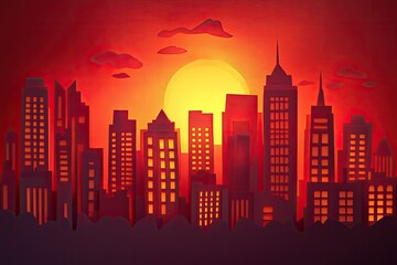 Naklejka premium A paper - cut city skyline at dusk with glowing windows and clean lines