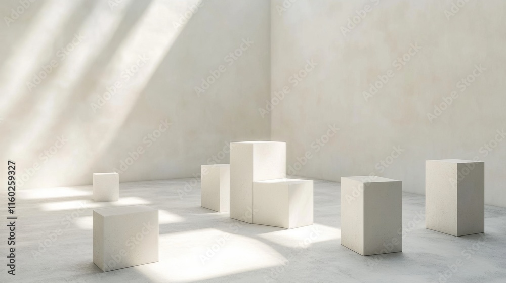Poster An abstract arrangement of building blocks in a minimalist exhibition hall, Blocks forming intricate geometric patterns, Minimalist artistic style