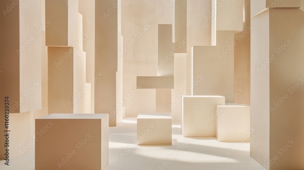 Poster An abstract arrangement of building blocks in a minimalist exhibition hall, Blocks forming intricate geometric patterns, Minimalist artistic style