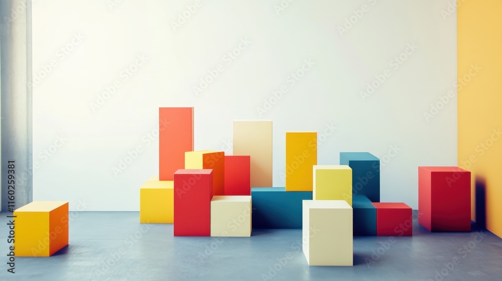 Poster an abstract arrangement of building blocks in a minimalist gallery, blocks forming intricate sculptu