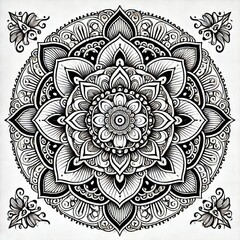 Intricate Black and White Floral Mandala Design | Symmetrical Mehndi-Inspired Art | Detailed Geometric Patterns for Coloring Books and Tattoos