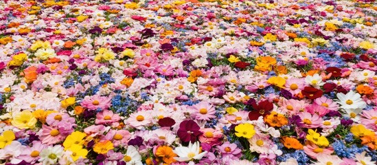 Fototapeta premium Vibrant spring flower carpet showcasing a variety of colorful blooms with ample blank space for overlaying text or graphics