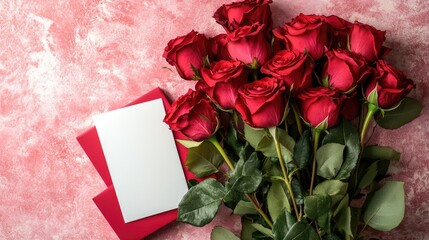 Obraz premium Elegant red rose bouquet with blank greeting card and gift boxes on soft pink backdrop perfect for floral presentations and special occasions