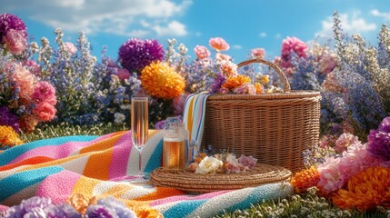 Romantic picnic basket, flowers, champagne, sunny day.