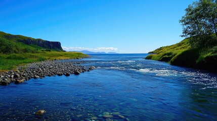 Obraz premium Serene river meanders through lush greenery under a clear blue sky with the vast sea in the background