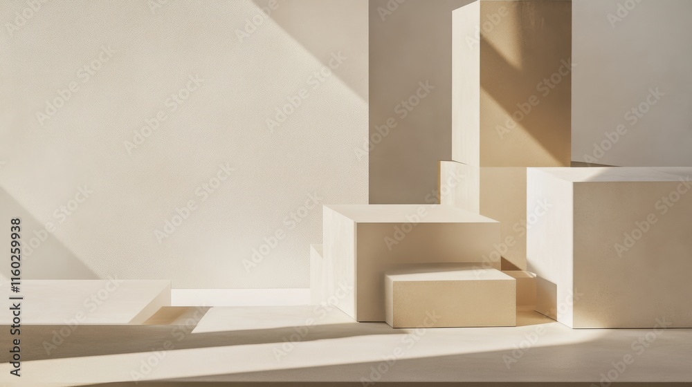 Poster An abstract arrangement of building blocks in a minimalist showroom, Blocks forming intricate geometric patterns, Minimalist elegance style