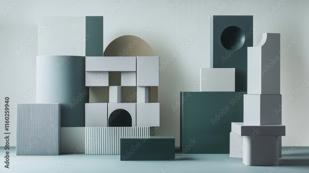 Poster An abstract arrangement of building blocks in a minimalist showroom, Blocks forming intricate geometric patterns, Minimalist elegance style