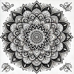 Intricate Black and White Floral Mandala Design | Symmetrical Mehndi-Inspired Art | Detailed Geometric Patterns for Coloring Books and Tattoos