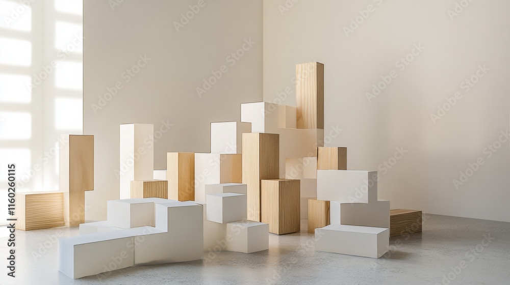 Aufkleber An abstract arrangement of building blocks in a minimalist studio, Blocks forming intricate patterns, Contemporary abstract style
