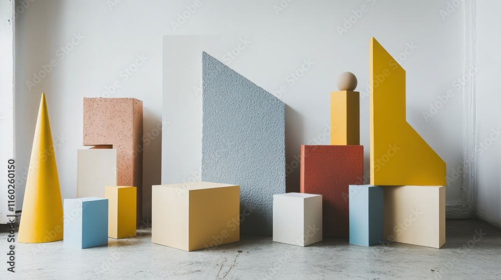 Aufkleber An abstract arrangement of building blocks in a minimalist studio, Blocks forming intricate patterns, Contemporary abstract style