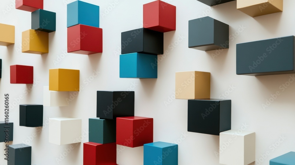 Poster An abstract arrangement of building blocks in a minimalist showroom, Blocks forming intricate patterns, Contemporary minimalist style