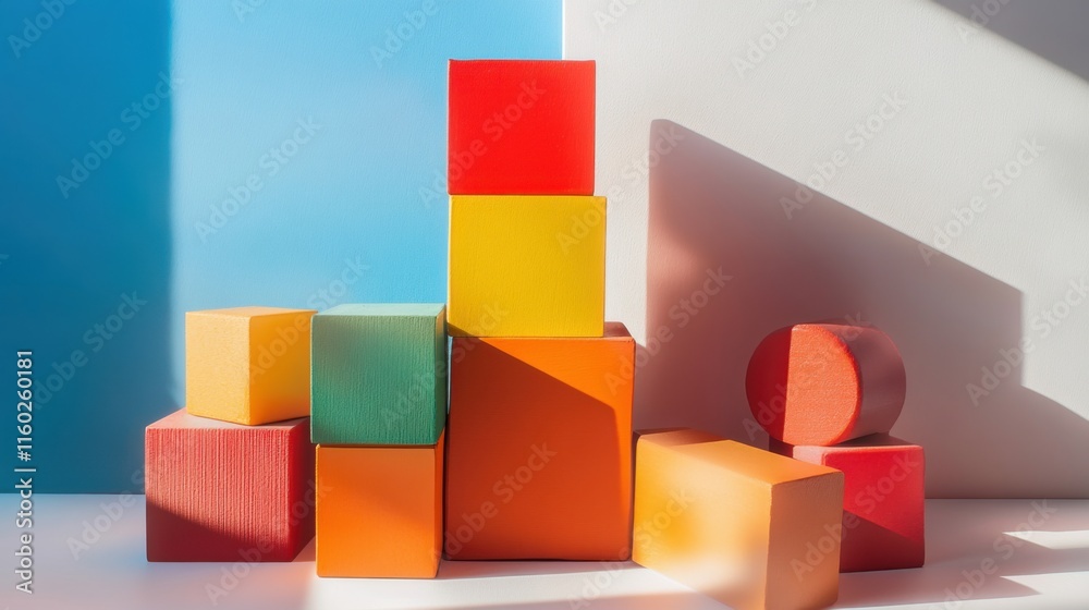 Poster An abstract arrangement of building blocks in a minimalist studio, Blocks forming intricate patterns, Contemporary abstract style