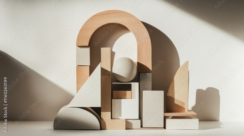 Poster An abstract arrangement of building blocks in a minimalist showroom, Blocks forming intricate patterns, Contemporary minimalist style