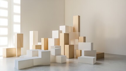 An abstract arrangement of building blocks in a minimalist studio, Blocks forming intricate patterns, Contemporary abstract style
