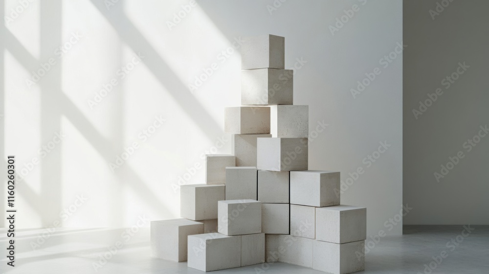 Poster An abstract arrangement of building blocks in a modern art gallery, Blocks stacked in geometric patterns, Contemporary minimalist style