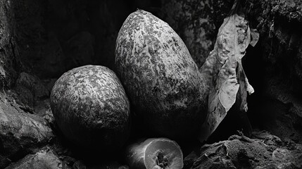 Obraz premium Surreal monochrome still life featuring sweet potatoes and natural elements emphasizing texture and contrast in a creative grayscale setting