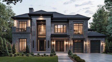 Fototapeta premium Modern elegance meets traditional charm in a stunning architectural fusion of contemporary and classic home design