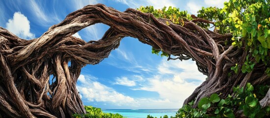 Fototapeta premium Caribbean Coastal Landscape Featuring Unique Branch Structure with Open Space for Text and Lush Greenery Under a Bright Sky