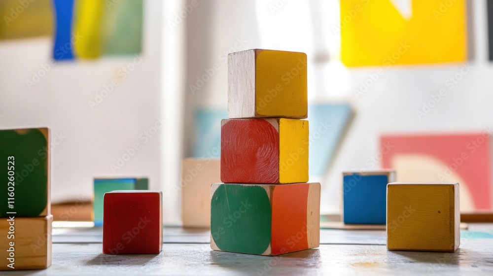 Poster an abstract arrangement of building blocks in an artist's studio, blocks forming geometric sculpture