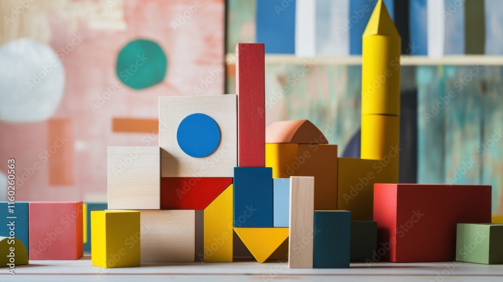 Poster an abstract arrangement of building blocks in an artist's studio, blocks forming geometric sculpture