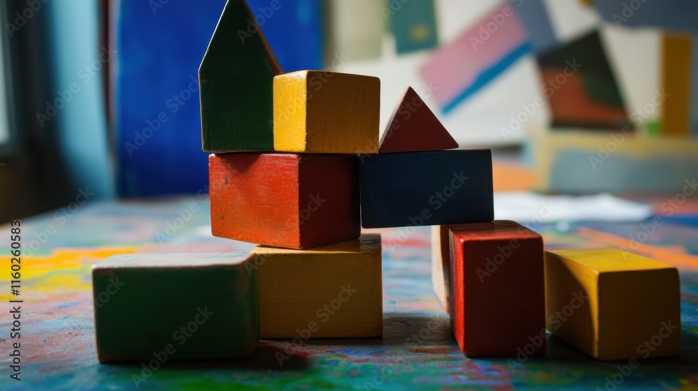 Poster an abstract arrangement of building blocks in an artist's studio, blocks forming geometric sculpture