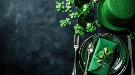 Festive table setting with green shamrocks and hat for celebration on dark background ideal for St. Patrick's Day or festive occasions