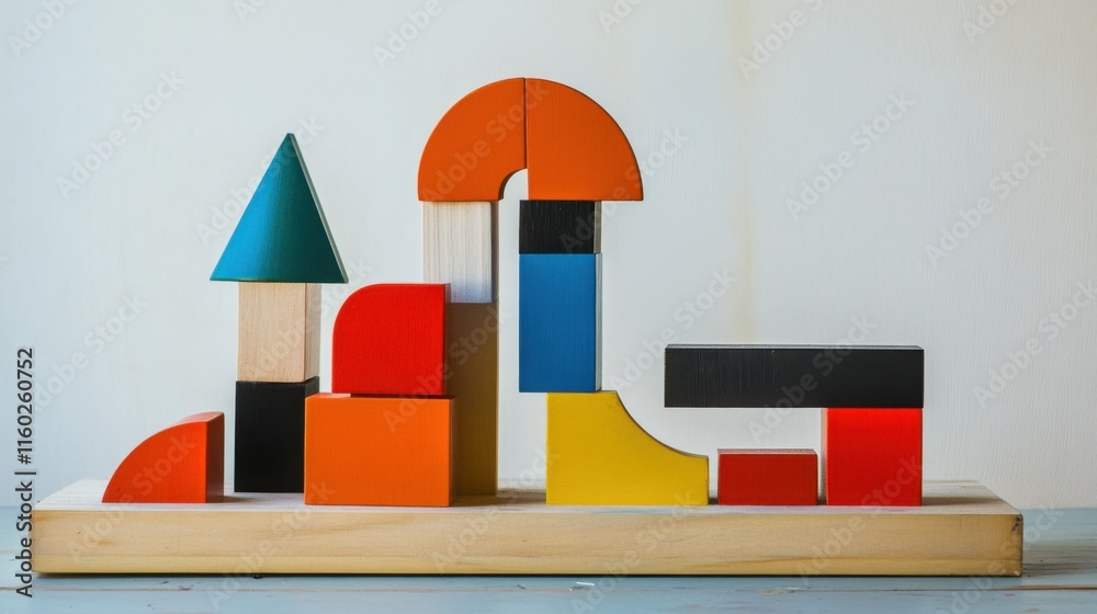 Poster An abstract arrangement of building blocks in an avant-garde art studio, Blocks forming minimalist sculptures, Contemporary artistic style