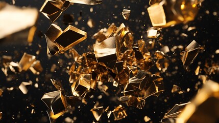 Exploding gold fragments on black background.