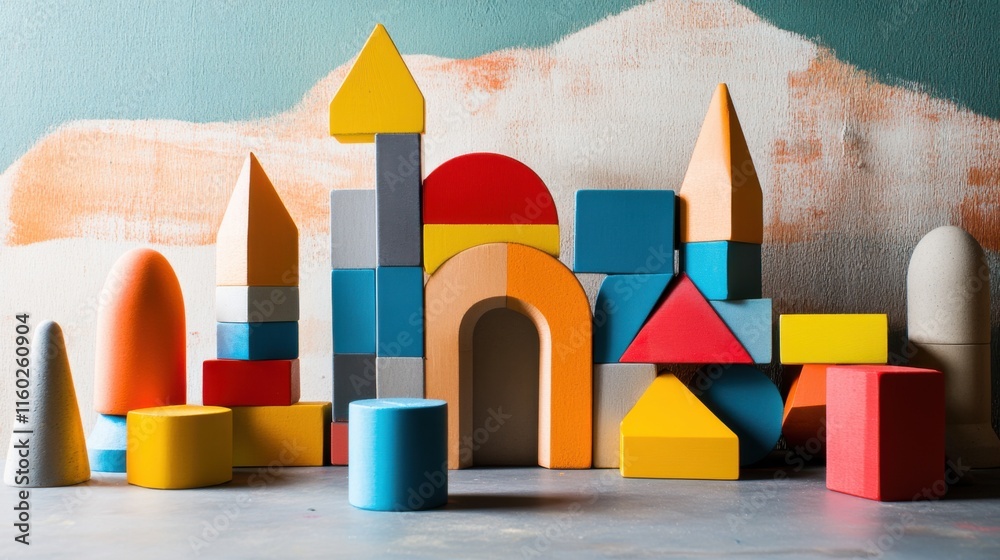 Poster An abstract arrangement of building blocks in an avant-garde art studio, Blocks forming minimalist sculptures, Contemporary artistic style