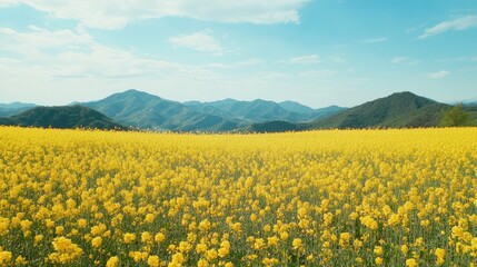 Vibrant Yellow Flower Field with Mountain Range Under Clear Blue Sky Landscape