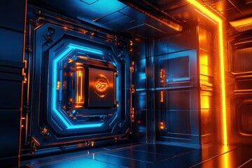 Fototapeta premium Futuristic Geometric Crypto Vault with Neon Glow Effects