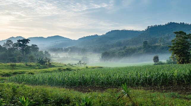 Cornfield landscape with morning sunlight and misty mountains creating a peaceful outdoor farm scene perfect for serene nature backgrounds