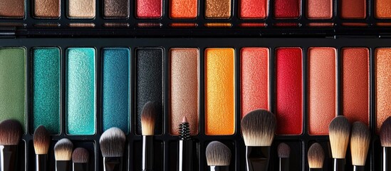 Eyeshadow palettes and cosmetic brushes arranged attractively with blank space for text in an upscale beauty shopping environment
