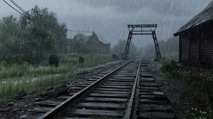 Gordijnen Misty rural landscape with wooden railway tracks under heavy rain creating a serene and nostalgic ambiance in nature. © The 2R Artificiality