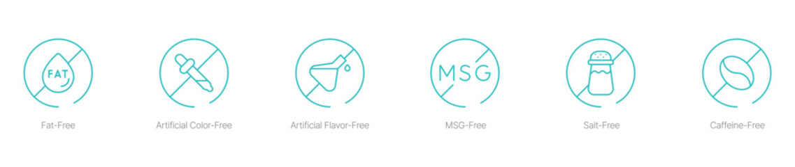 Fat-Free, Artificial Color-Free, Artificial Flavor-Free, MSG-Free, Salt-Free, and Caffeine-Free Vector Icon Set for Clean and Healthy Labeling
